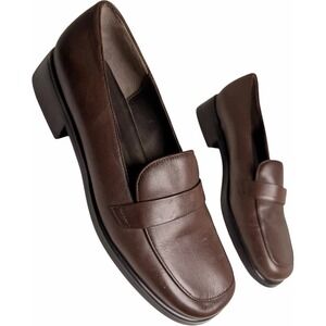 Brown Leather Loafers Womens 8 Liz Claiborne Square Toe Chunky Y2K 90s Vintage